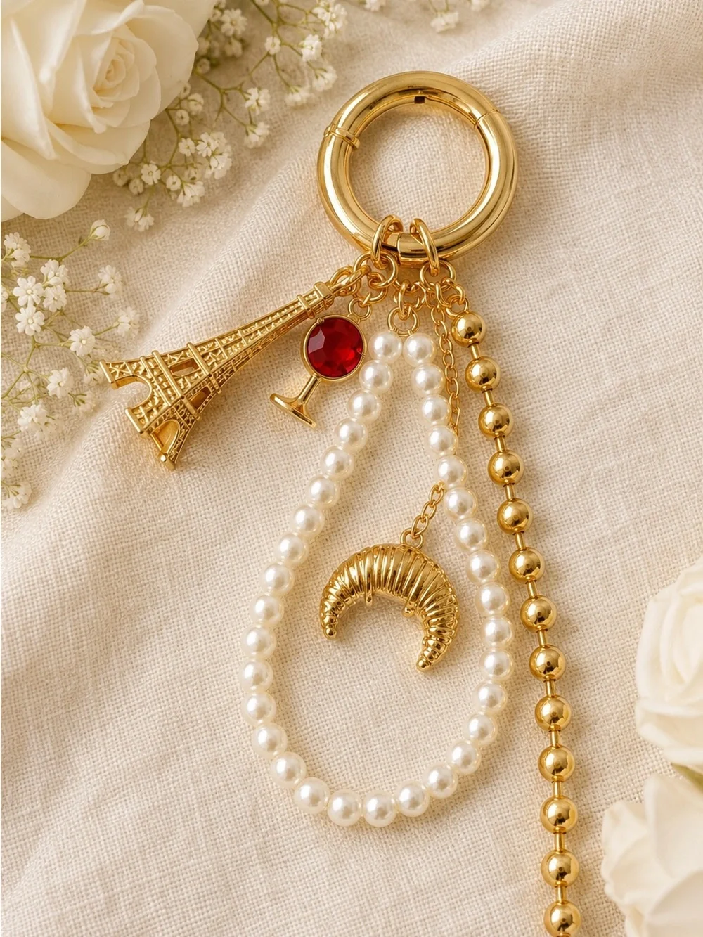 ✨ J.Crew Gold Paris-Themed Bag Charm | Eiffel Tower, Pearls, Wine Glass ✨